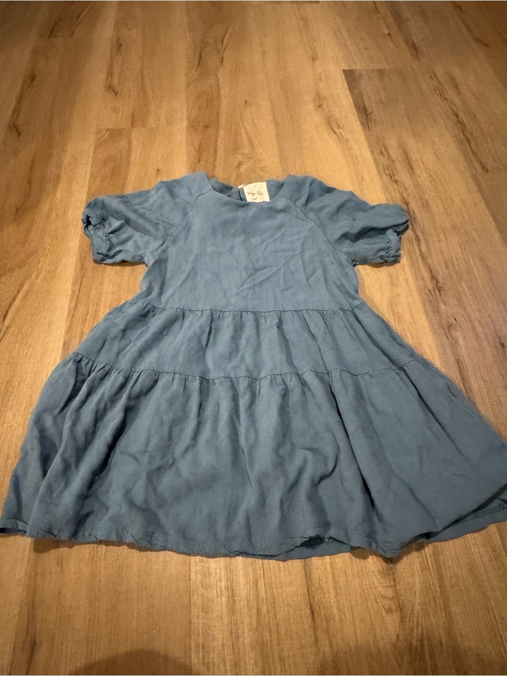Girls Cotton Tiered Dress with Puff Sleeves - Blue